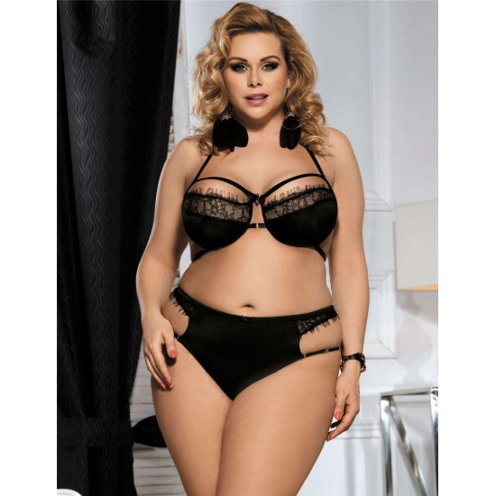 Plus Size Black Halter Sexy Bra Set With Eyelash