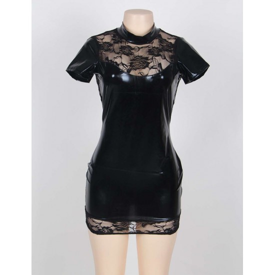 High Neck Black Lace Sexy Mini Leather Dress