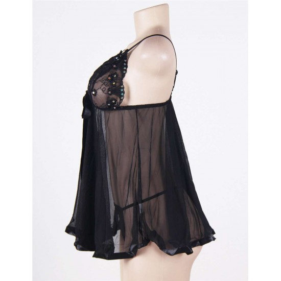 Sexy Sheer Lace Black Babydoll With G String