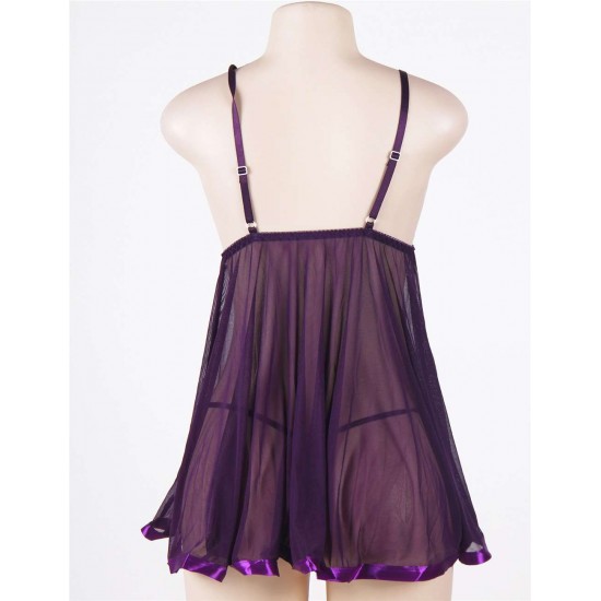 Purple Sheer Lace Babydoll With Open Back