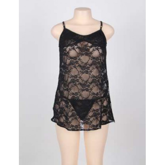 Black Plus Size Sheer Lace Dress With G String 