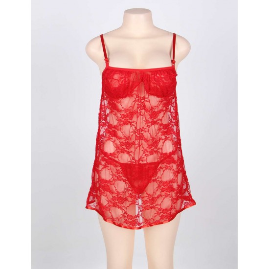 On Sale Sheer Red Lace Plus Size Babydoll With G-String