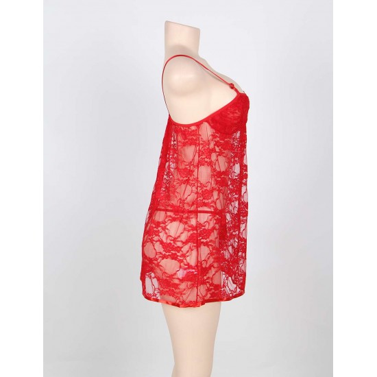 On Sale Sheer Red Lace Plus Size Babydoll With G-String