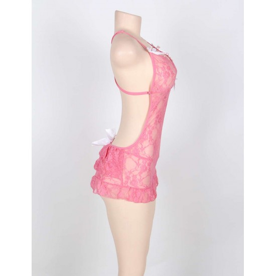 Sexy Pink Lace Backless Babydoll