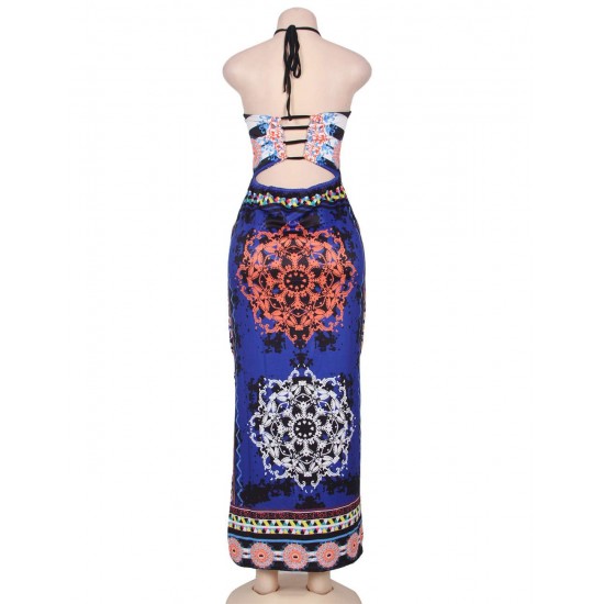 Dark Royal African Pattern Flowered Halter Long Dress