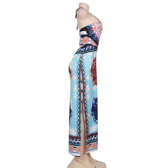 Light Blue African Pattern Low Back Halter Long Dress