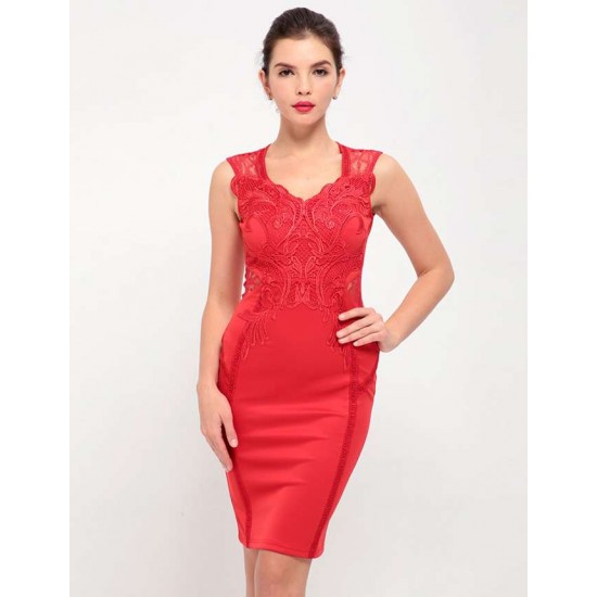 Red Deluxe Decals Fashion Dress Lace Bodycon