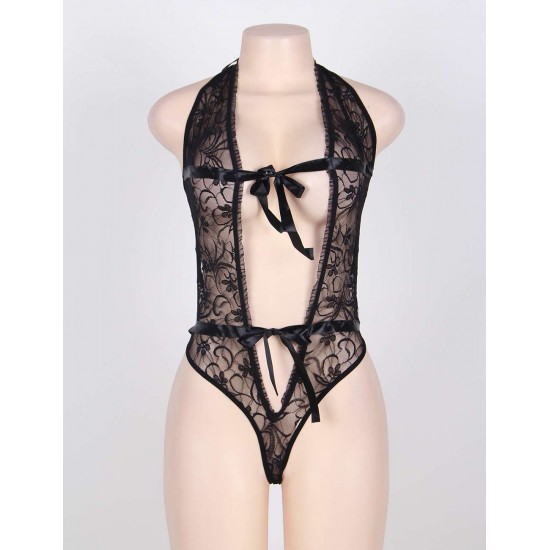 Sexy Black Lace Deep V Teddy Lingerie