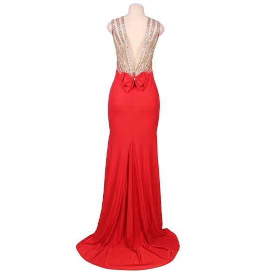 Plus Size Red Backless Formal Evening Dress With Golden Strap