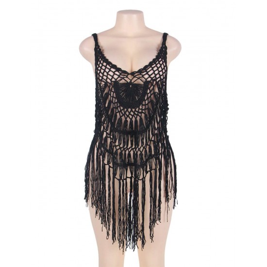 Black Knitted Hollow Out Cool Fringe Beachwear