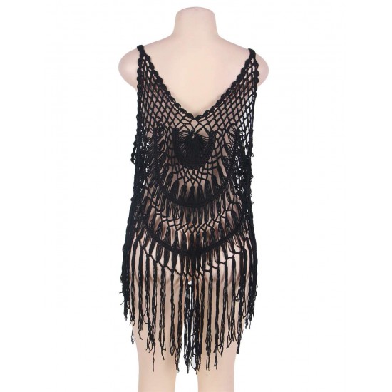 Black Knitted Hollow Out Cool Fringe Beachwear