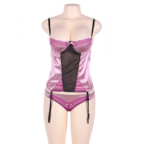 Purplish Red Deluxe Satin Lace Stitching Bustier