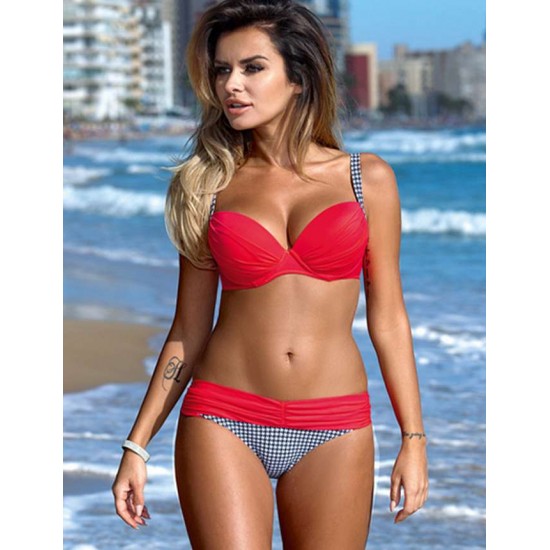 Red Padded Gather Push-up Sexy Bikini Set