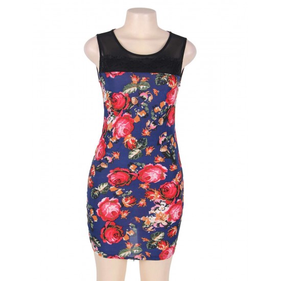 Navy Flower Short Sleeve Print Dresses 