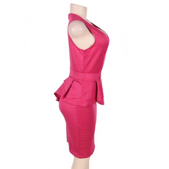 Rosy Bar Trim Peplum Pleated Sleeveless Dress