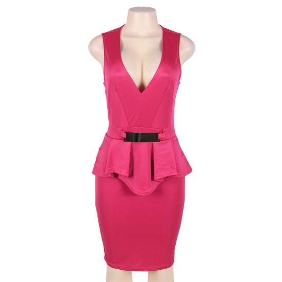 Rosy Bar Trim Peplum Pleated Sleeveless Dress