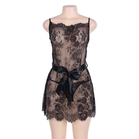 Sexy Black Sheer Floral Eyelash Trim Lace Babydoll Set