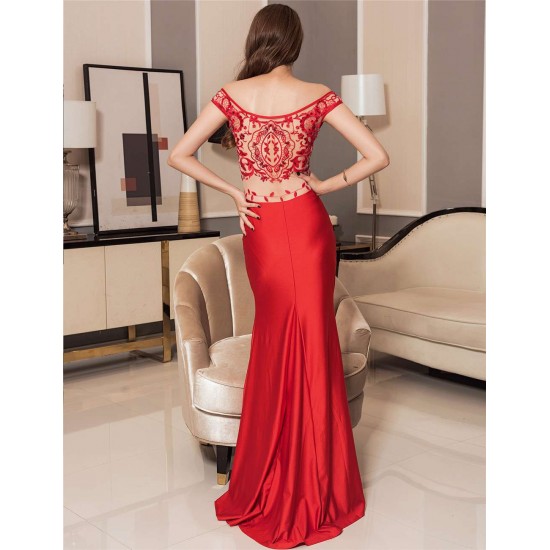 Red Gorgeous Off Shoulder Embroidery Evening Dress