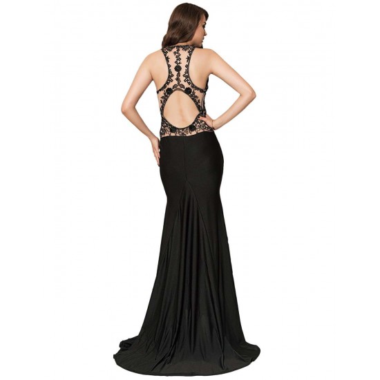 Embroidery High Neck Keyhole Backless Black Party Gown