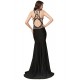 Embroidery High Neck Keyhole Backless Black Party Gown