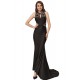 Plus Size Embroidery High Neck Keyhole Backless Black Party Gown