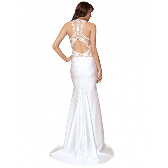 Plus Size Embroidery Sleeveless High Neck Backless White Party Gown