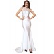 Plus Size Embroidery Sleeveless High Neck Backless White Party Gown