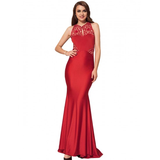 Plus Size High Neck Red Embroidery Flower Backless Party Dress