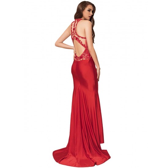 High Neck Red Embroidery Flower Backless Party Dress