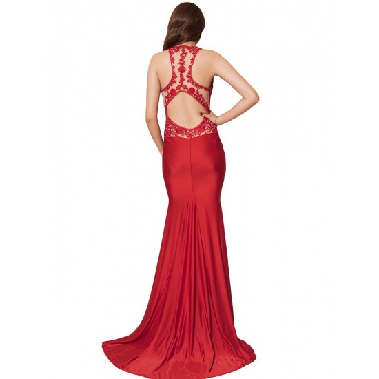 High Neck Red Embroidery Flower Backless Party Dress