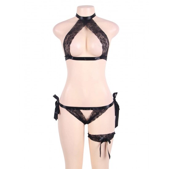 Black Lace Erotic Crotchless Bra Set