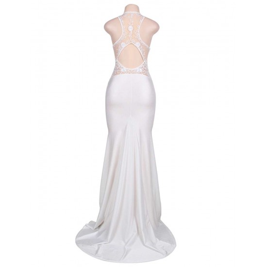 Plus Size Embroidery Sleeveless High Neck Backless White Party Gown