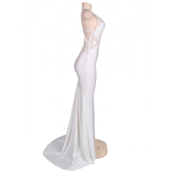 Plus Size Embroidery Sleeveless High Neck Backless White Party Gown