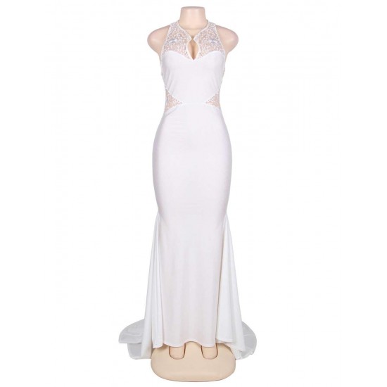 Embroidery Sleeveless High Neck Backless White Party Gown