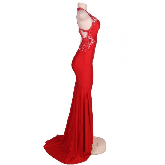 Plus Size High Neck Red Embroidery Flower Backless Party Dress