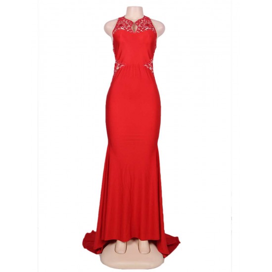 High Neck Red Embroidery Flower Backless Party Dress