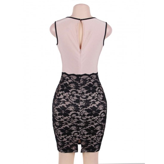 Plus Size Fashion Black Floral Lace Stitching Boat Neck Dress