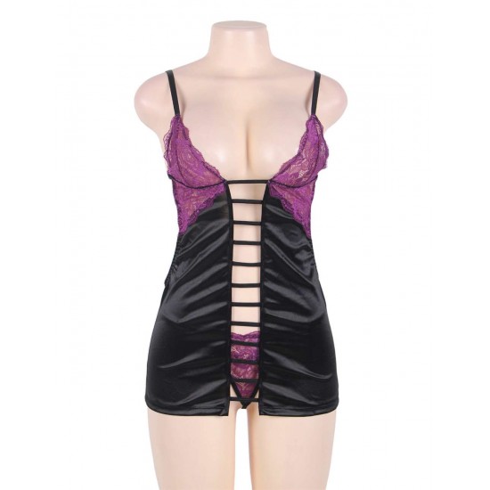 Purple Black Deluxe Satin Multiple Straps Sexy Babydoll