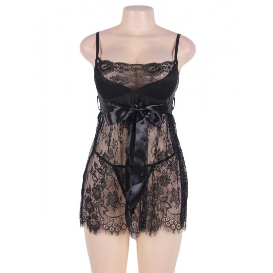 Sexy Black Eyelash Trim Lace Babydoll Set