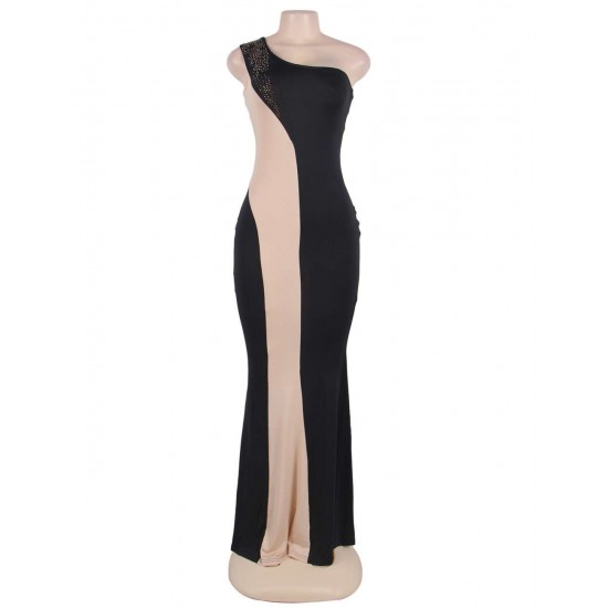 Plus Size Black And Nude One Shoulder Maxi Dress