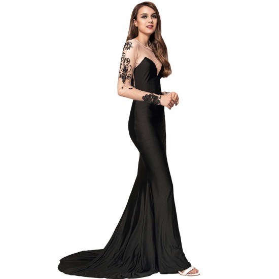 Plus Size Black Delicate Long Sleeve Embroidery Flower Party Gown