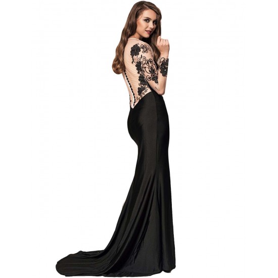 Black Delicate Long Sleeve Embroidery Flower Party Gown