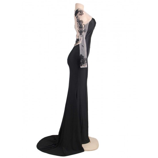 Black Delicate Long Sleeve Embroidery Flower Party Gown