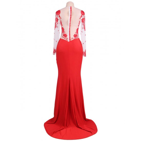 Plus Size Red Elegant Embroidery Long Sleeve Maxi Party Dress