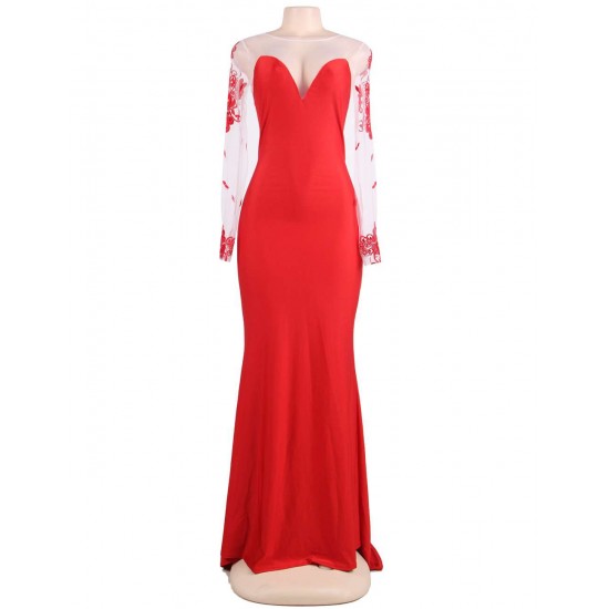 Plus Size Red Elegant Embroidery Long Sleeve Maxi Party Dress