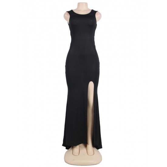 Black Simple Straps Backless Slit Party Gown