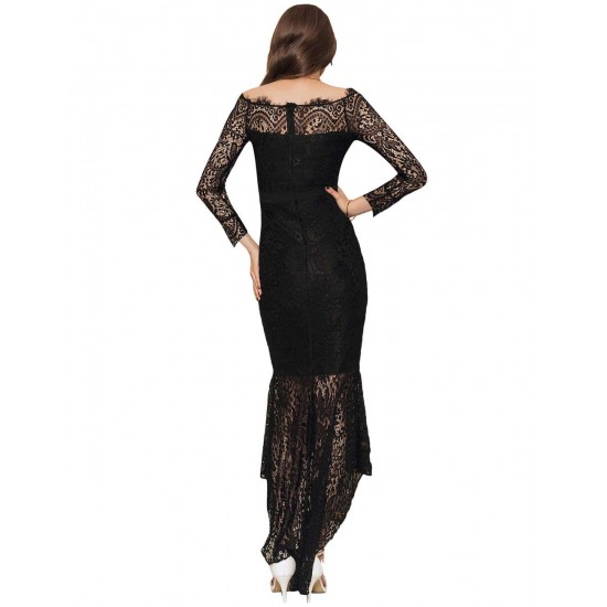 Black Delicate Floral Lace Low Hem Evening Dress