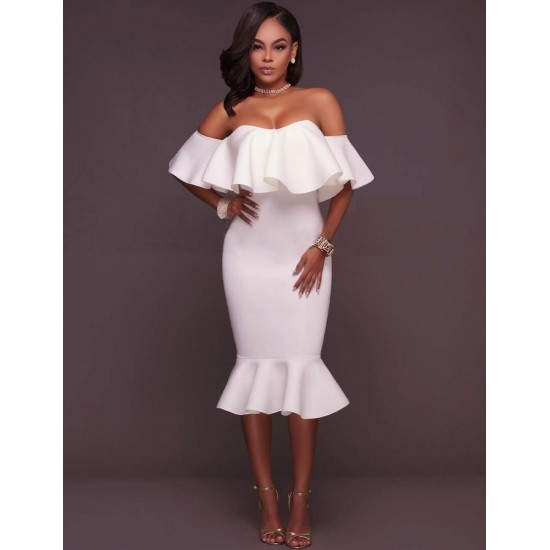 White Off-Shoulder Ruffle Bodycon Mermaid Party Dress