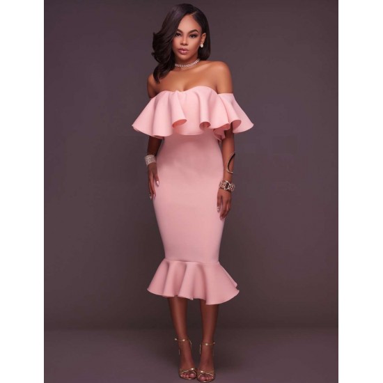 Plus Size Pink Ruffle Off-Shoulder Mermaid Bodycon Dress