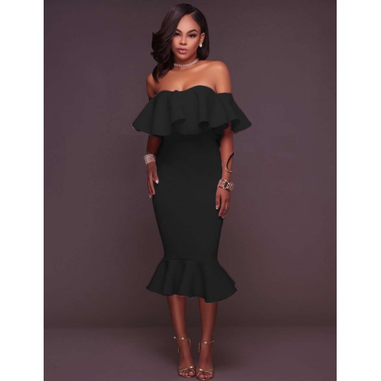 Ruffle Off-Shoulder Midi Black Bodycon Dress